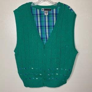BLAST Sweater Vest Green & Blue Plaid V-Neck Open Knit Mixed Media Grannycore  L
